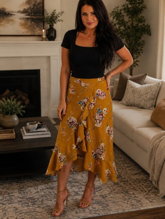 iris Dresses & Skirts - iris Mustard Floral Ruffle Midi Skirt